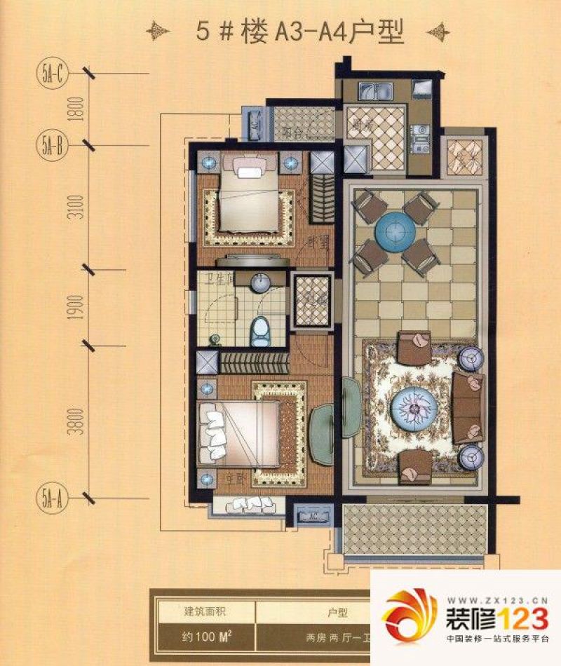 鸿瑞豪庭户型图户型图 5#楼a3-a4户型  2室2厅1卫1厨